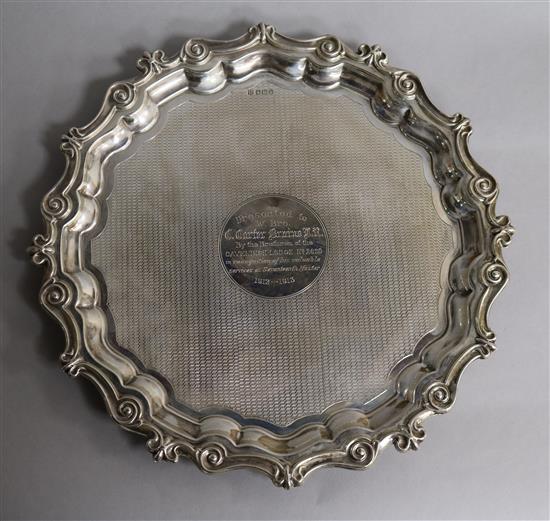 A George V engraved silver salver, James Deakin & Sons, Sheffield, 1913, 18.5 oz.